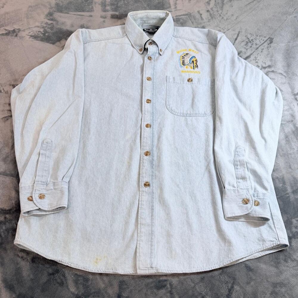 VTG 90s Tree Rivers Maine West Worriers Embroidered Denim Shirt Sz M Distressed - Picture 2 of 11